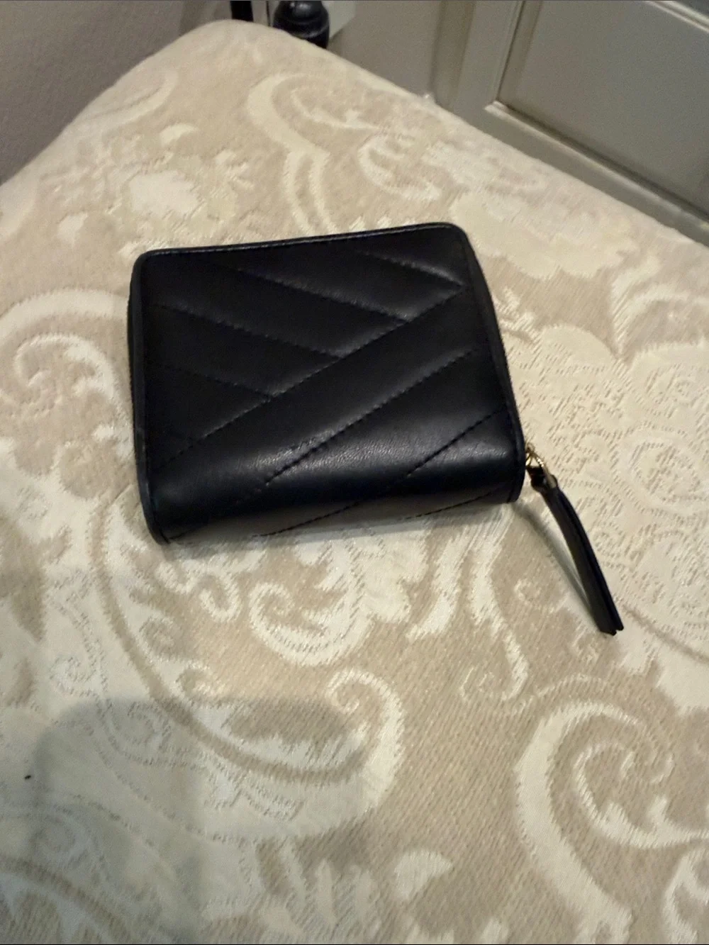 Tory Burch Kira Black Chevron Quilted Leather Bi-fold Wallet Gold Logo